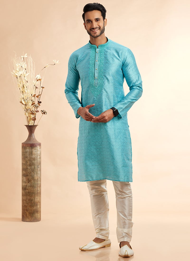 Blue Silk Jacquard Thread Kurta Pyjama Festive Wear