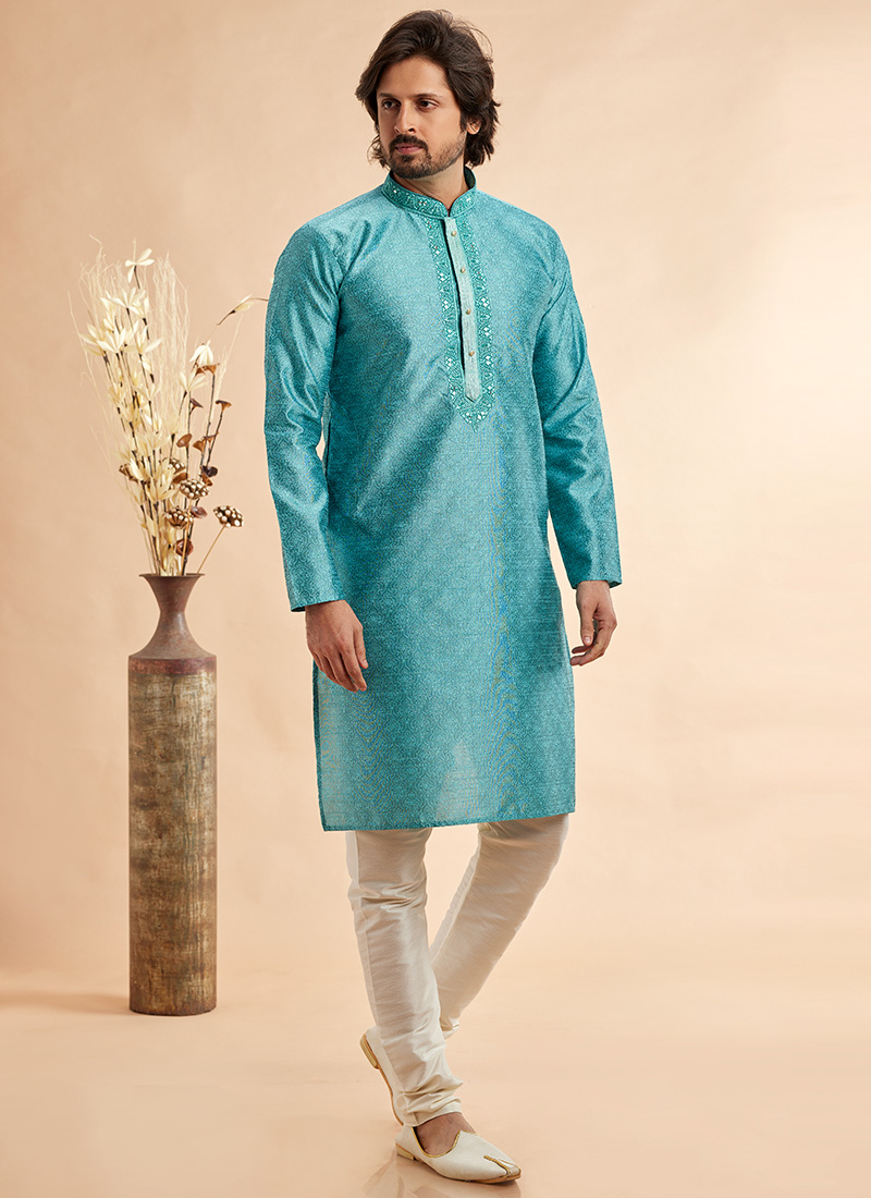 Blue Silk Jacquard Thread Kurta Pyjama Festive Wear