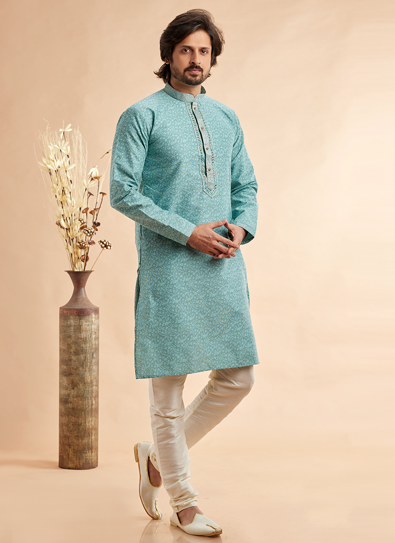Blue Silk Jacquard Thread Kurta Pyjama Festive Wear