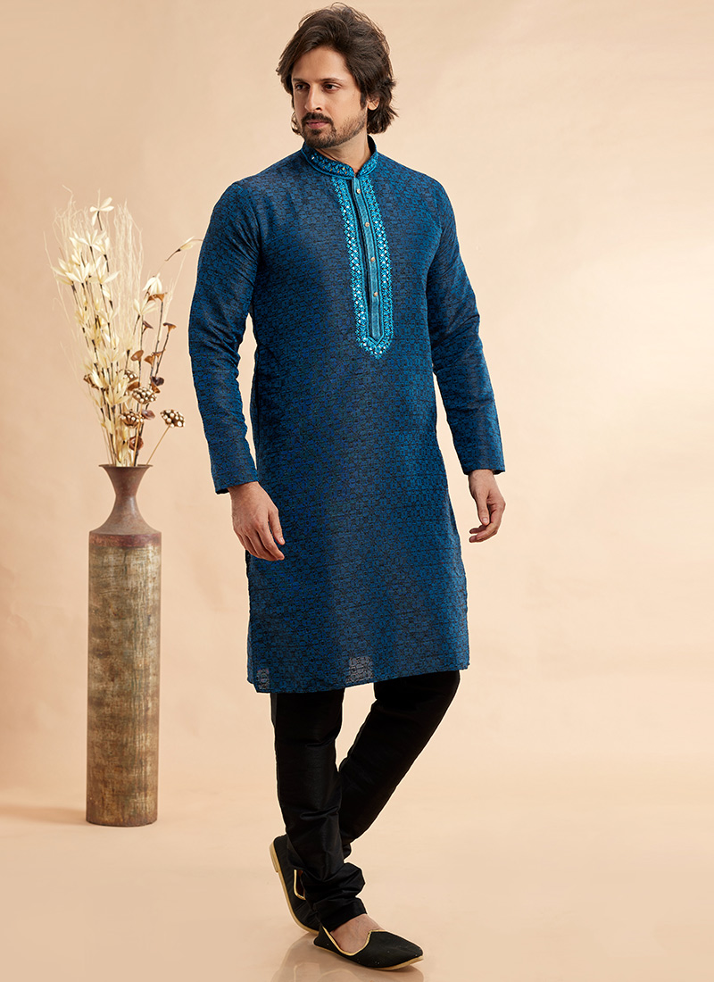 Blue Silk Jacquard Thread Kurta Pyjama Festive Wear