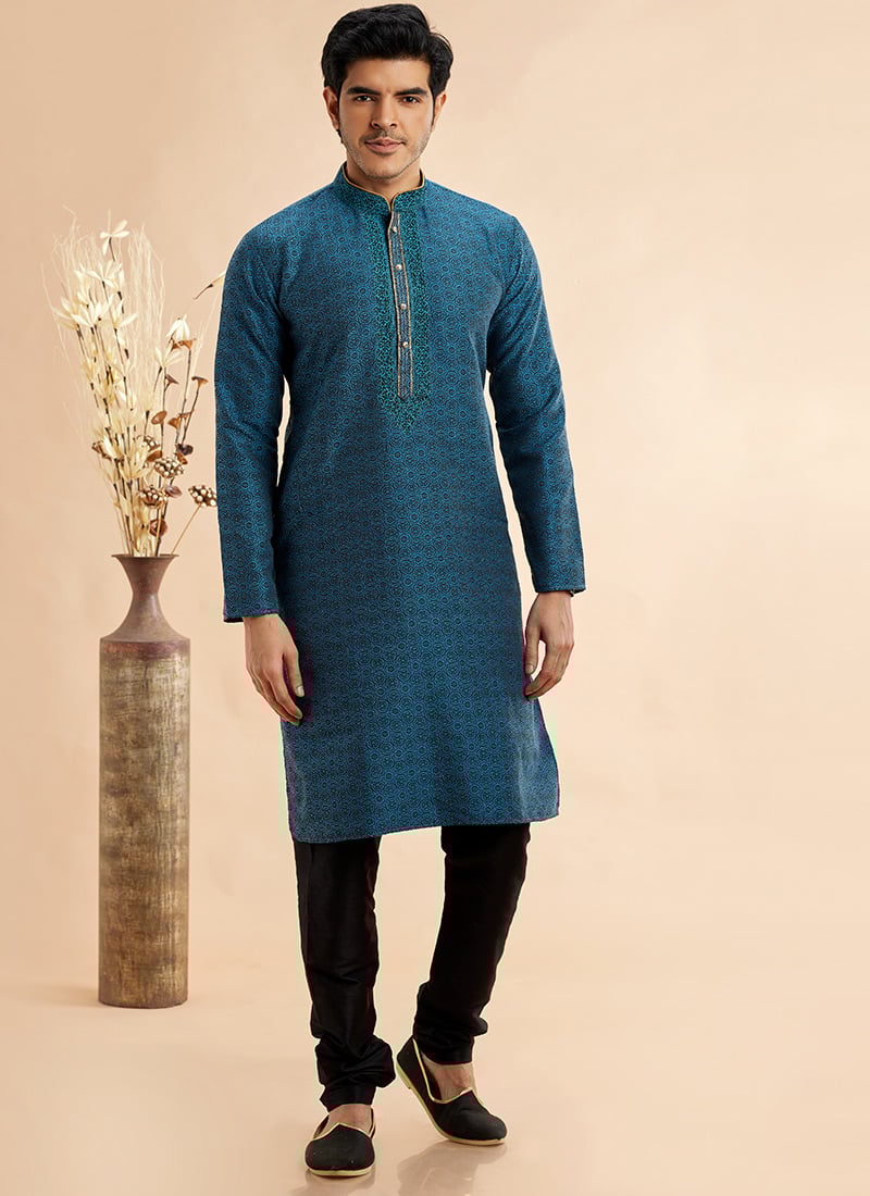Blue Silk Jacquard Thread Kurta Pyjama Festive Wear