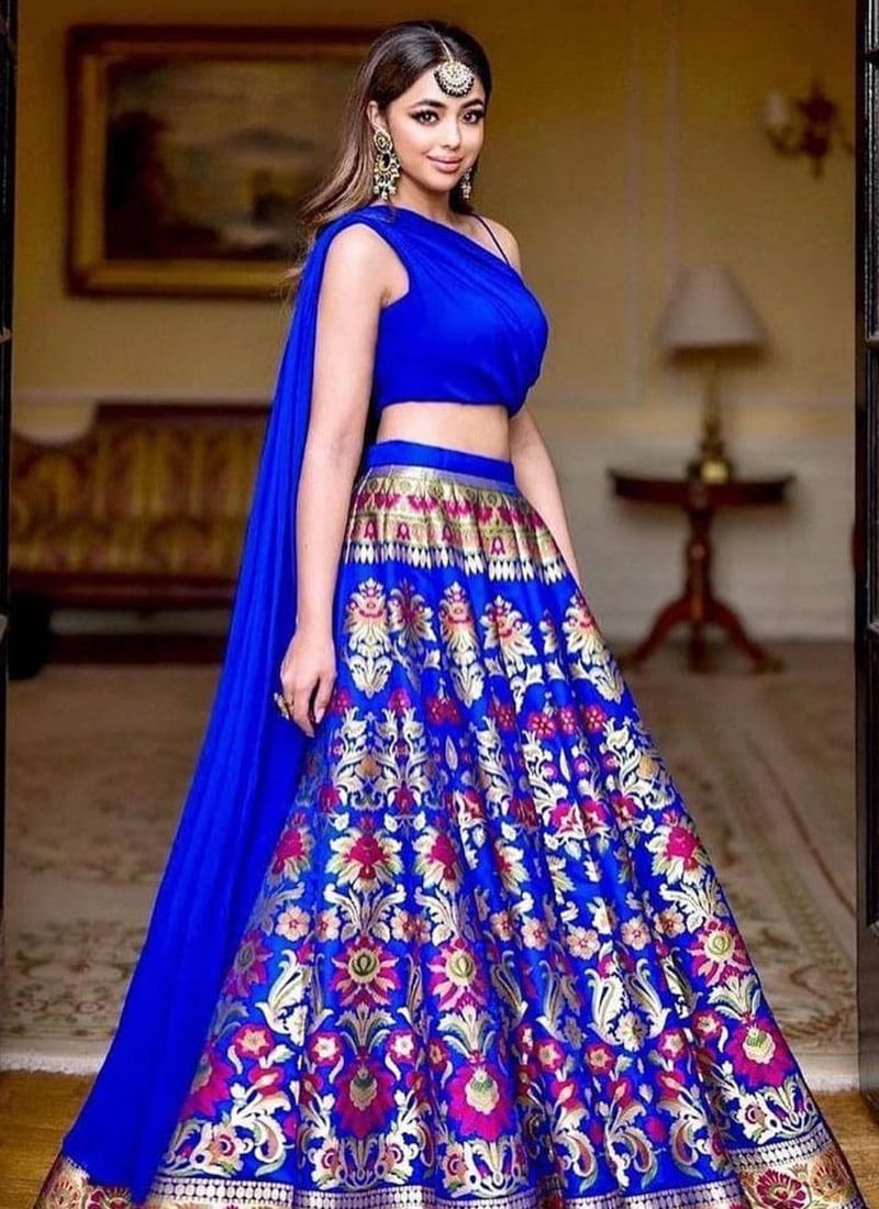 Blue Silk Jacquard Umbrella Lehenga Party Wear