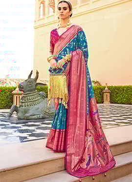 Blue Silk Jacquard Woven Stylish Saree