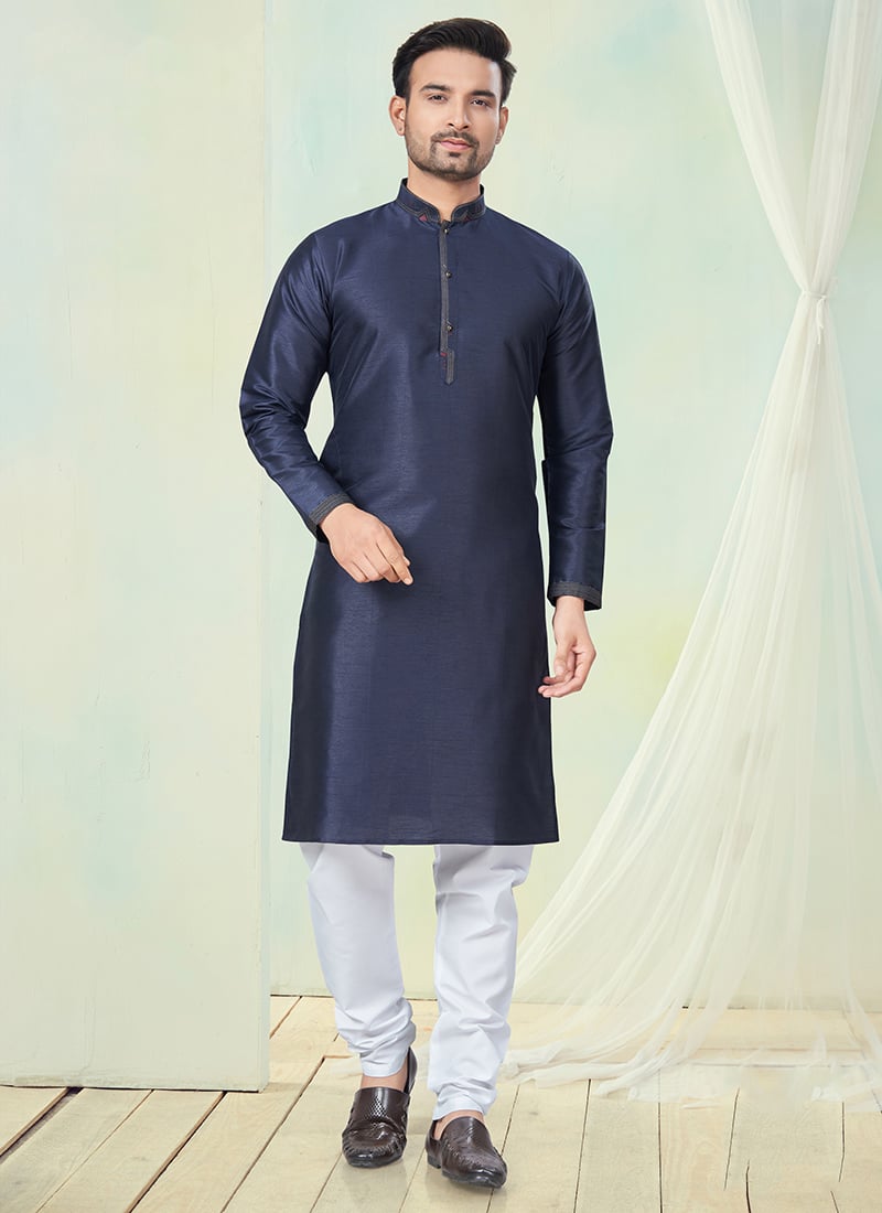 Blue Silk Kurta Pyjama For Men Festive Wear