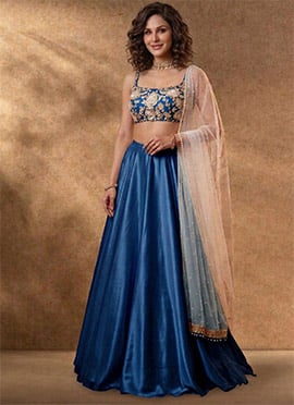 Blue Silk Lehenga Set With Hand Embroidered Sequins And Mirror Work