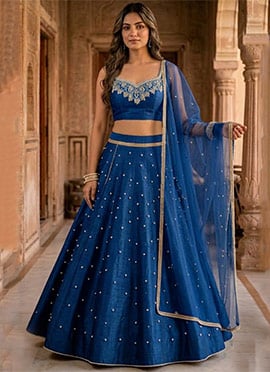 Blue Silk Moti Hand Embroidered Lehenga