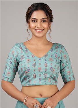 Blue Silk Printed Blouse