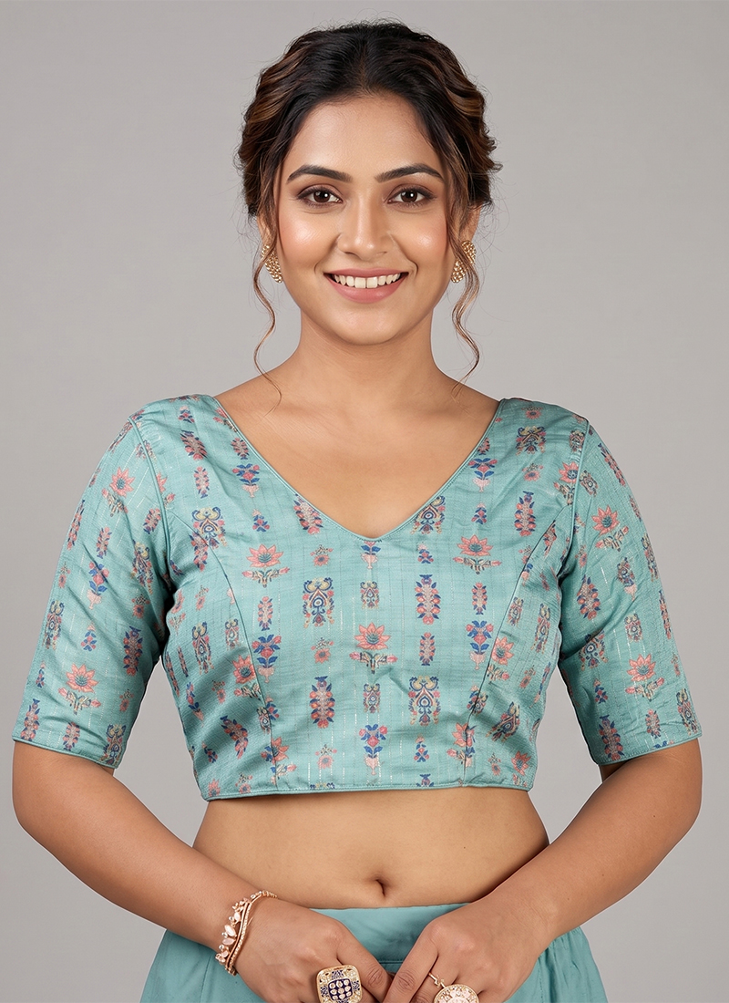 Blue Silk Printed Blouse Festive Wear