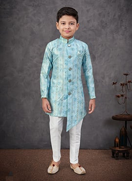 Blue Silk Printed Embroidered Sequins Boys Indowestern Sherwani