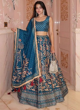 Blue Silk Printed Gota Lehenga
