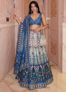 Blue Silk Printed Gota Lehenga