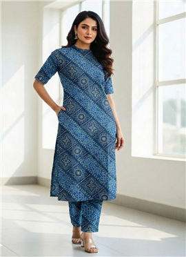 Blue Silk Printed Kurta Set