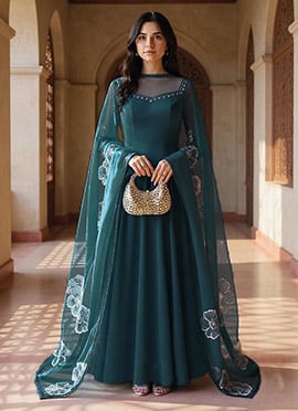 Blue Silk Resham Hand Embroidered  Anarkali Suit