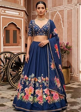 Blue Silk Resham Sequins Embroidered Digital Print Lehenga