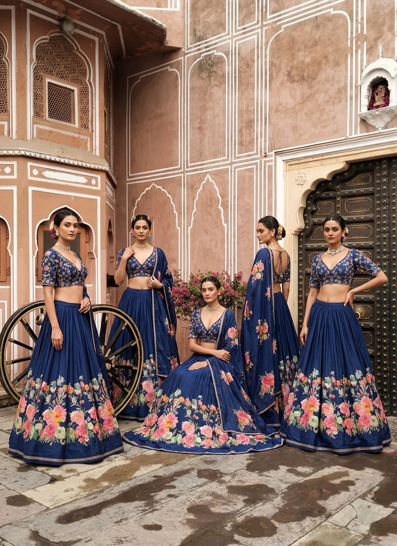 Blue Silk Resham Sequins Embroidered Digital Print Lehenga Wedding Wear