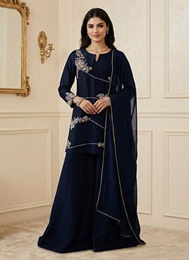 Blue Silk Resham Zari Sequins Palazzo Suit