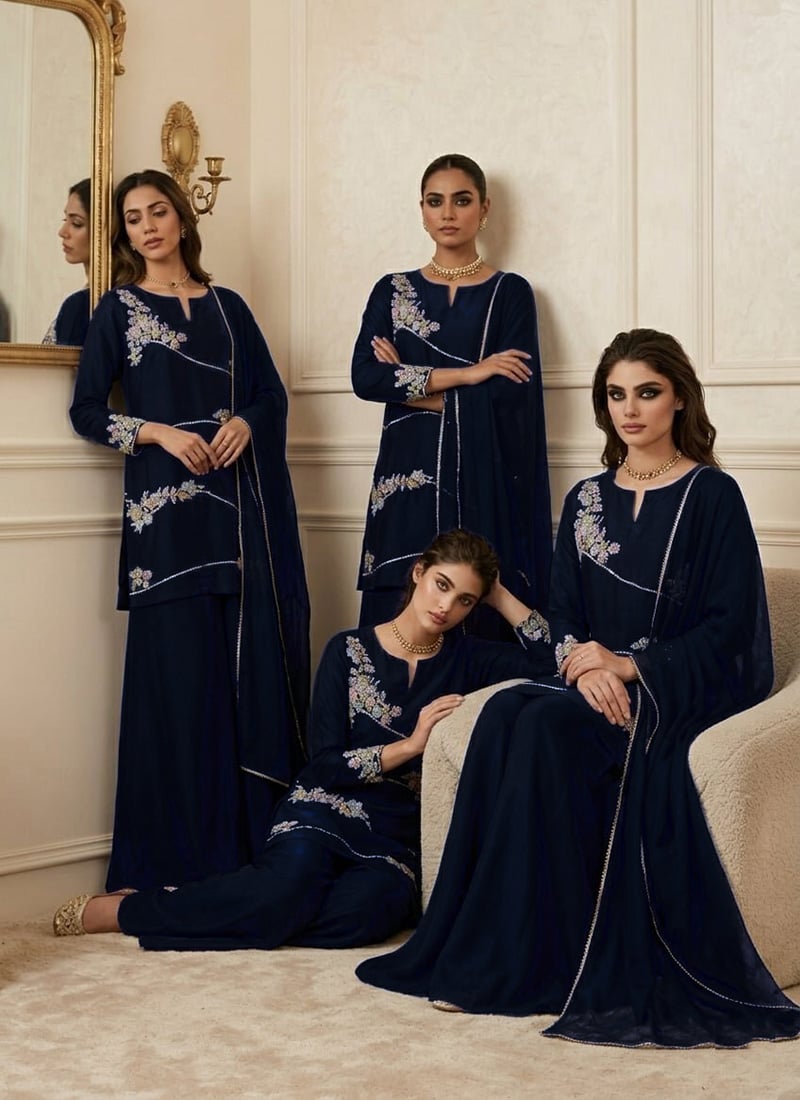 Blue Silk Resham Zari Sequins Palazzo Suit After Six Wear
