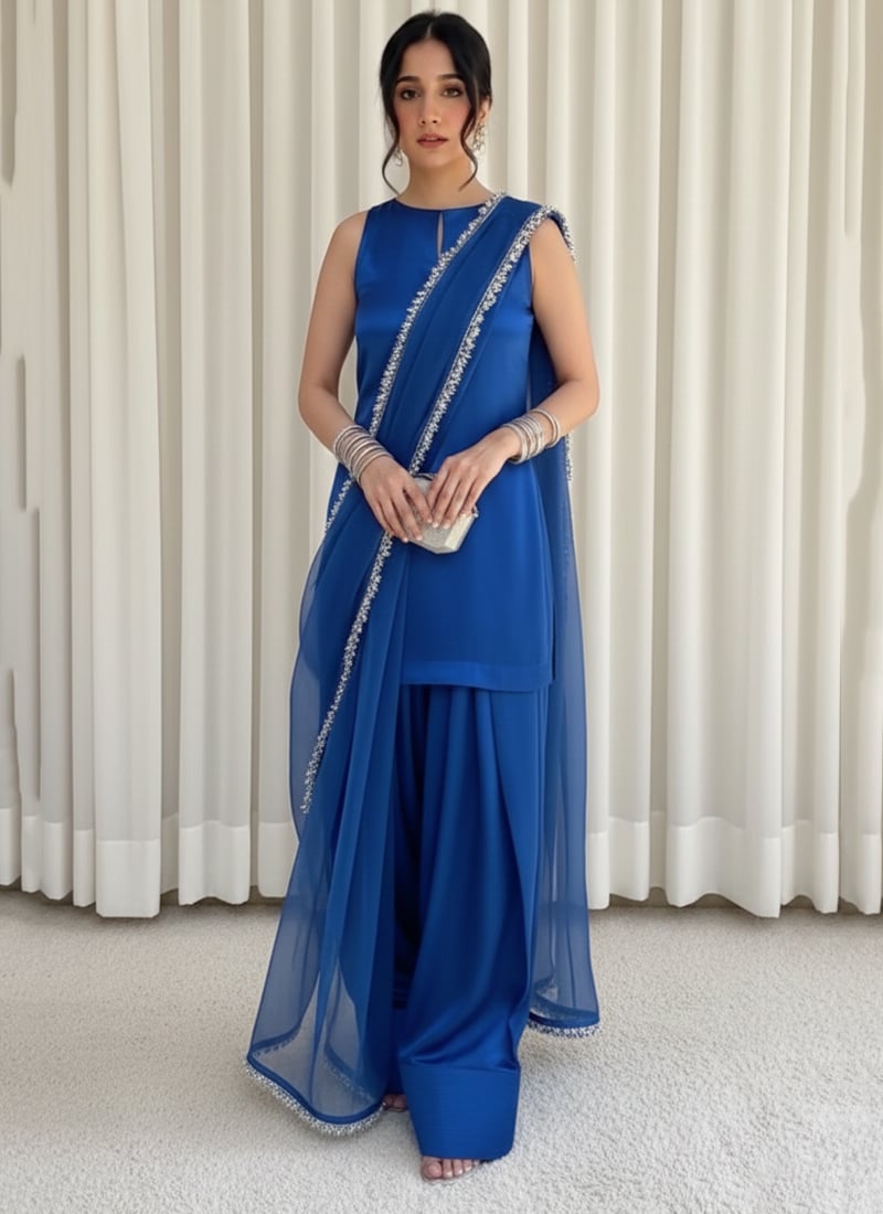 Blue Silk Salwar Suit With Farshi Salwar Suit Wedding Wear