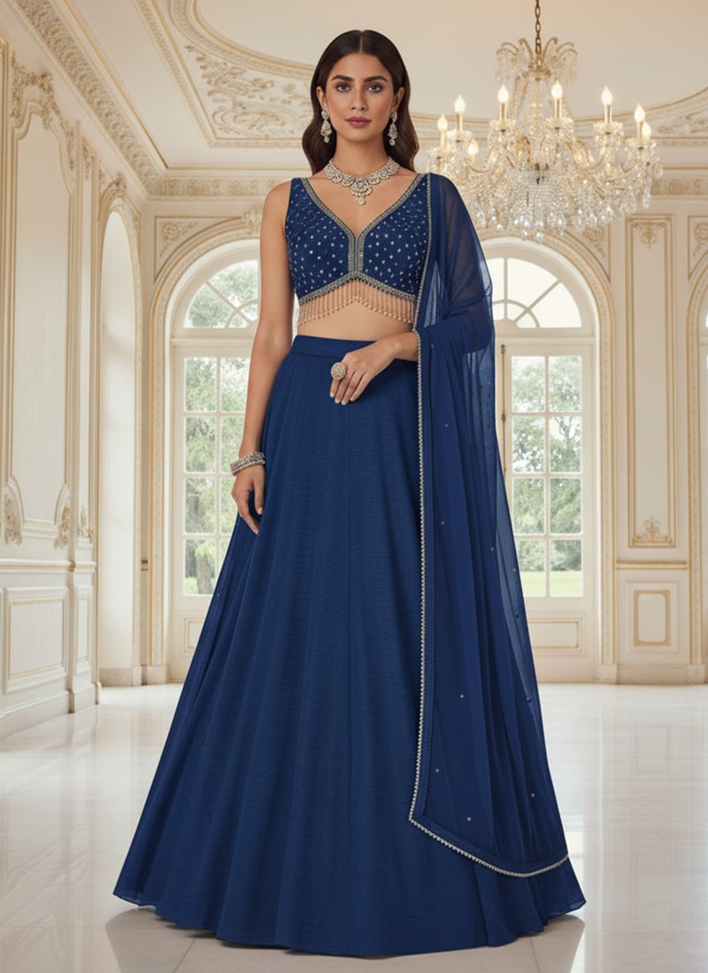 Blue Silk Sequins Embellished Lehenga Wedding Wear