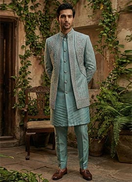 Blue Silk Sequins Embroidered Indowestern Sherwani Set