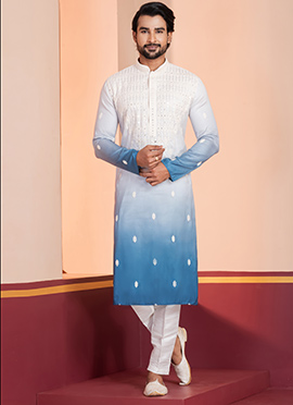 Blue Silk Sequins Embroidered Kurta Pyjama