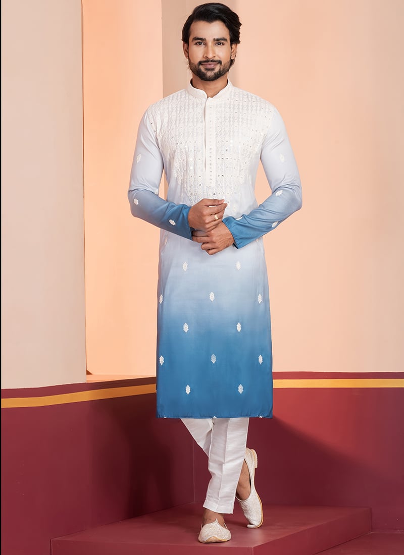 Blue Silk Sequins Embroidered Kurta Pyjama Festive Wear
