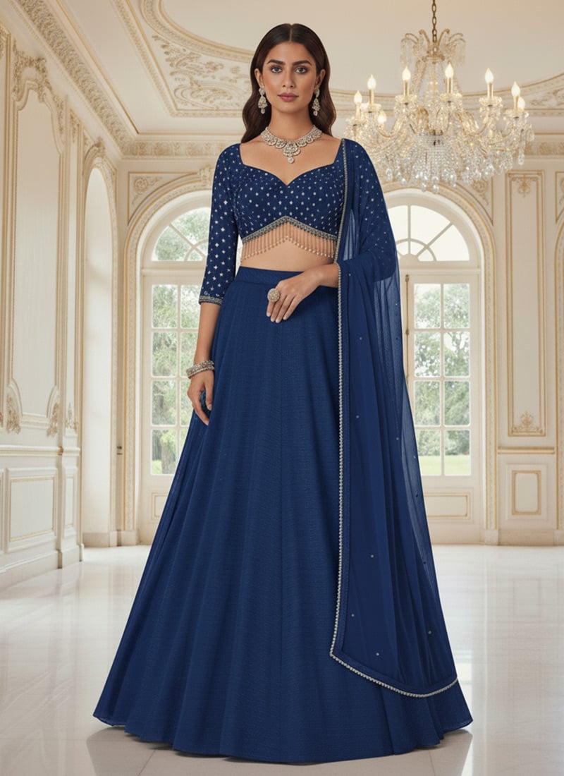 Blue Silk Sequins Lehenga Wedding Wear
