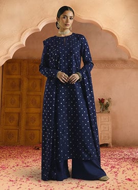 Blue Silk Sequins Palazzo Suit