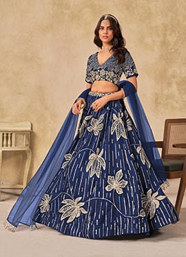 Blue Silk Sequins Umbrella Lehenga Wedding Wear