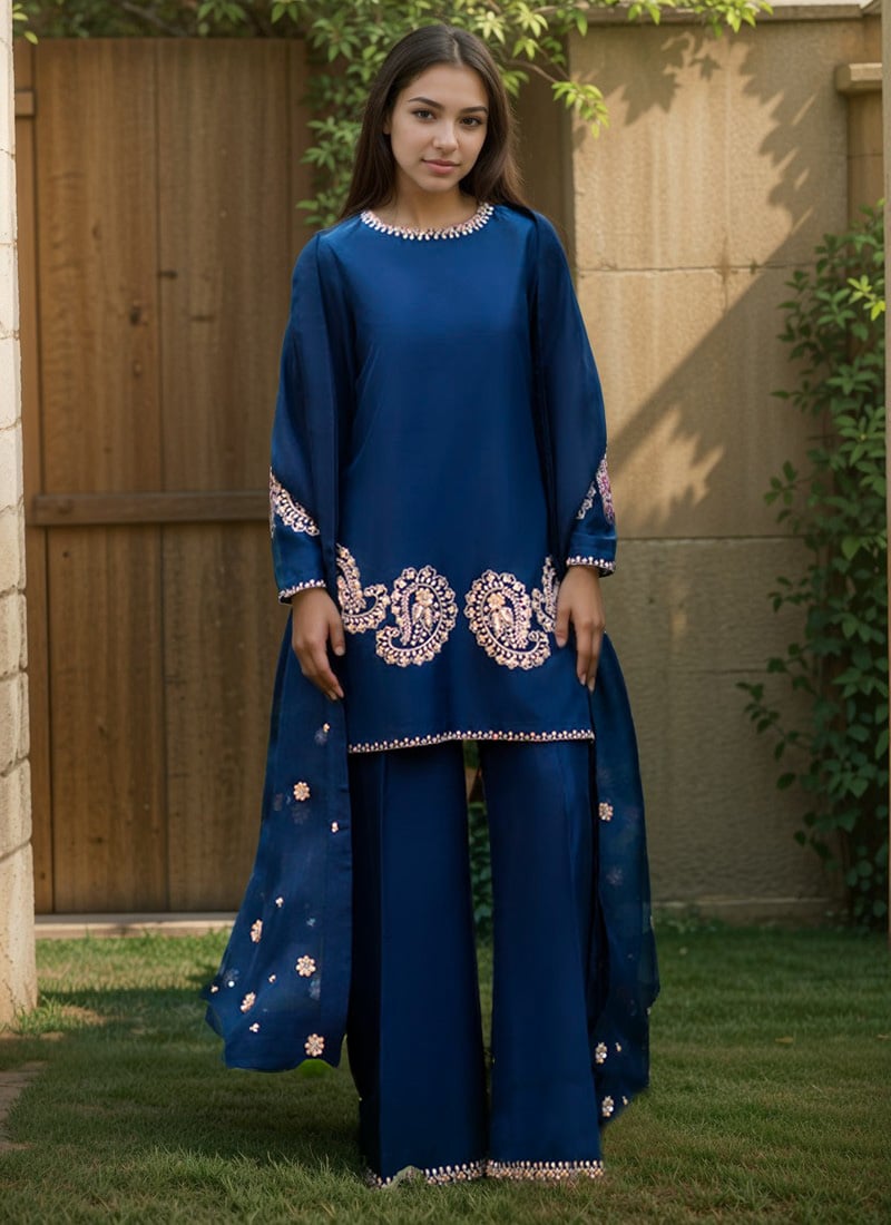 Blue Silk Sequins With Beads Hand Embroidered Palazzo Suit