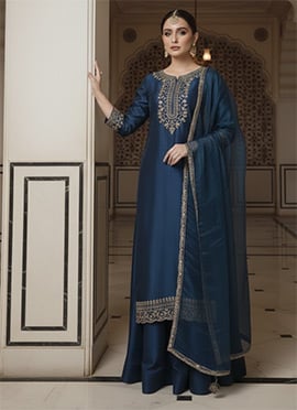 Blue Silk Sequins Zari Long Choli Style Lehenga Set