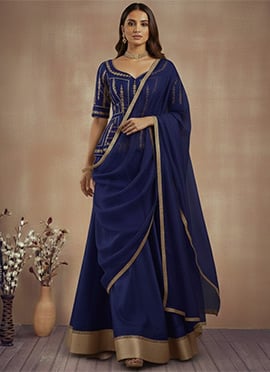 Blue Silk Sequins Zari Umbrella Lehenga