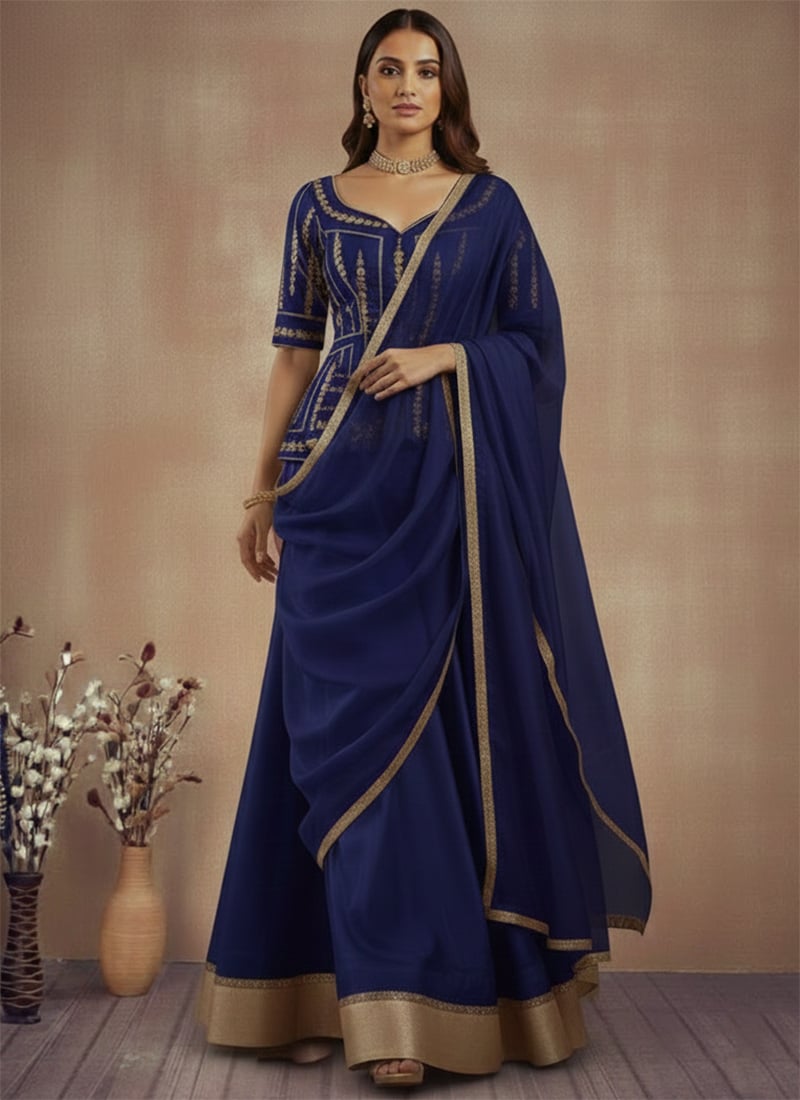 Blue Silk Sequins Zari Umbrella Lehenga Festive Wear