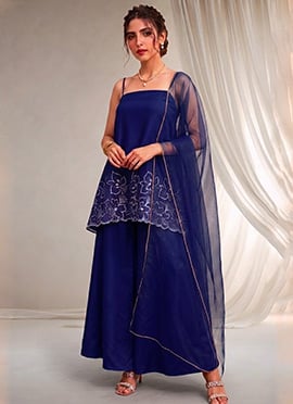 Blue Silk Spaghetti Strap Neckline Resham Palazzo Suit