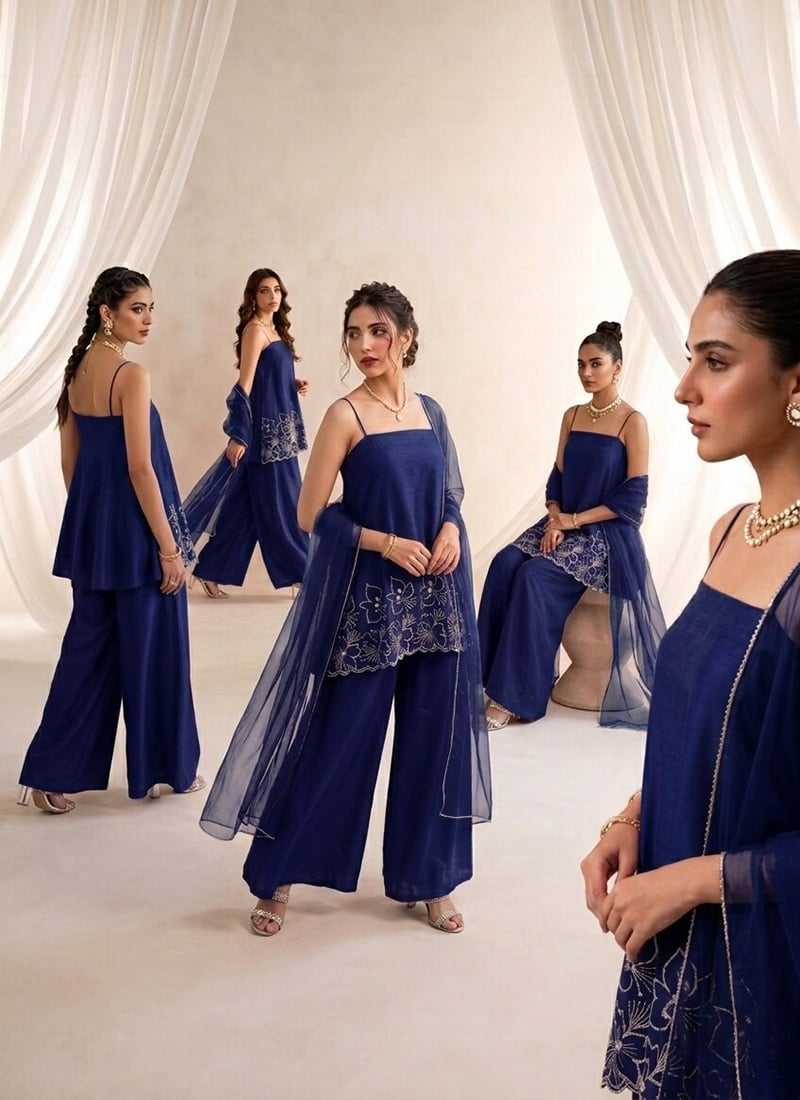 Blue Silk Spaghetti Strap Neckline Resham Palazzo Suit Festive Wear