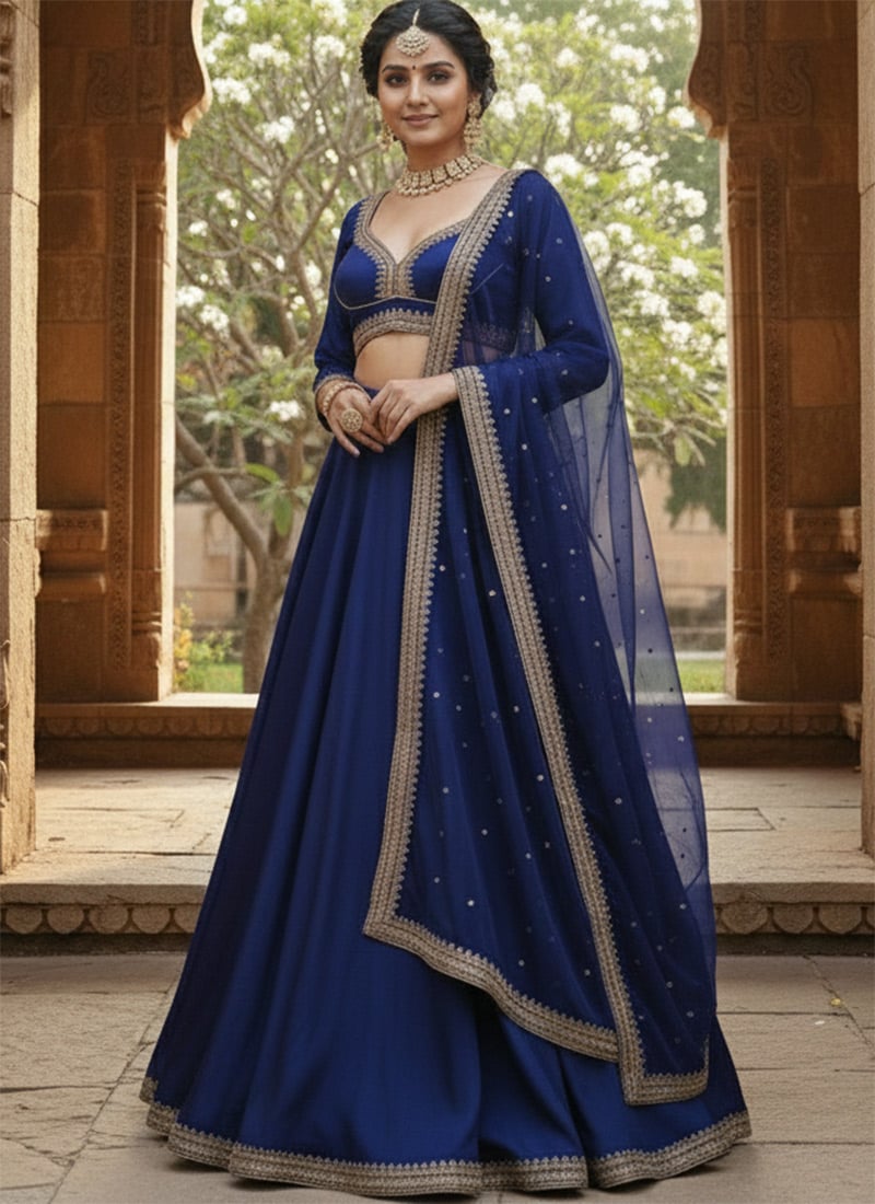Blue Silk Statement Umbrella Lehenga Wedding Wear