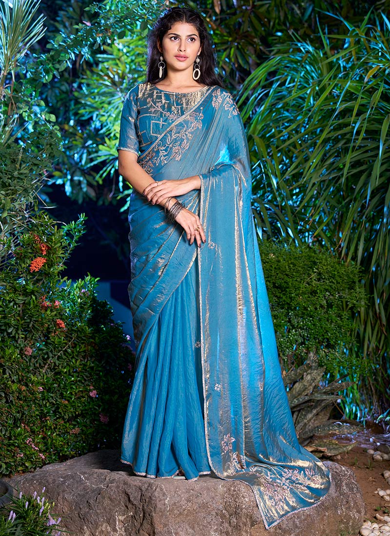 Blue Silk Stone Work Elegant Saree Festive Wear
