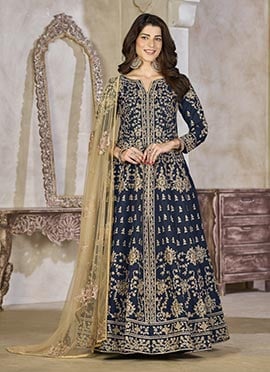 Blue Silk Stones Beads Embroidered Anarkali Lehenga Festive Wear