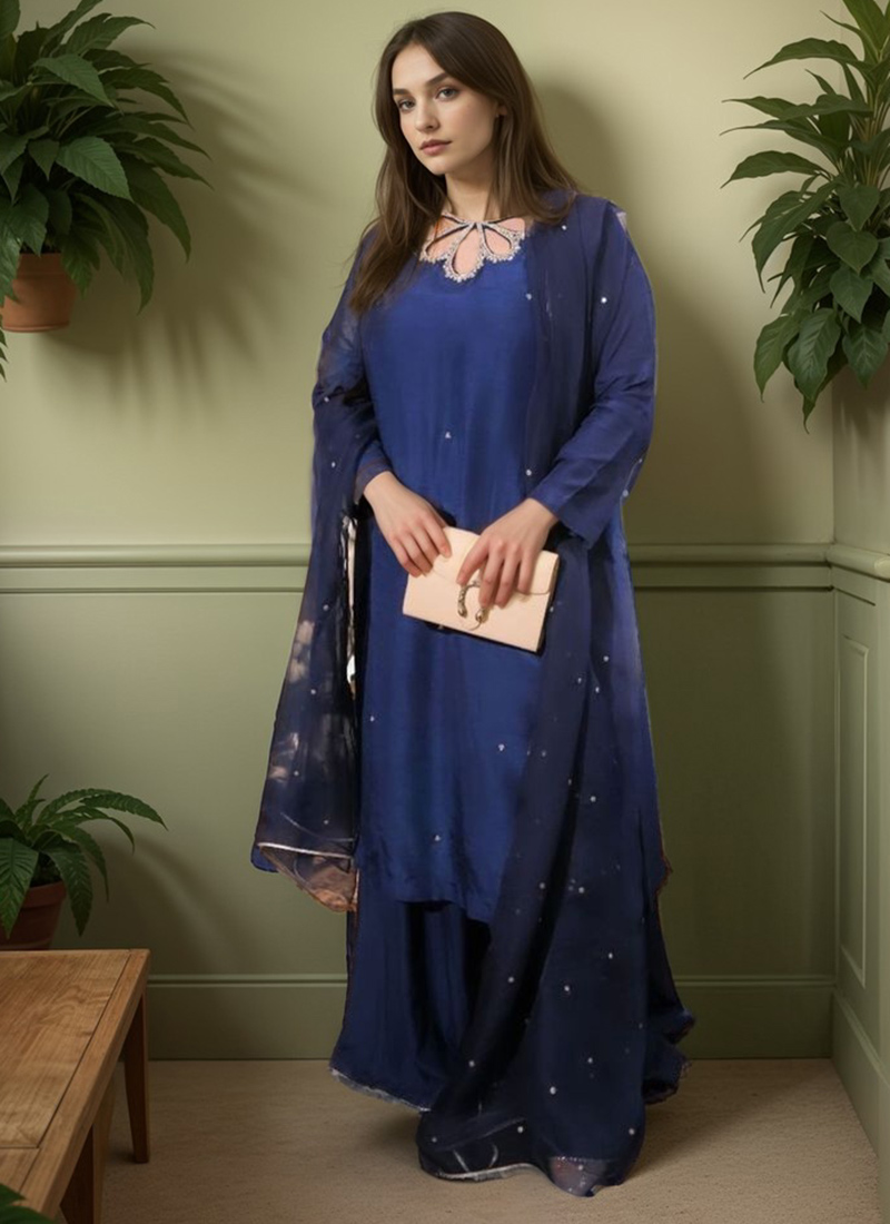Rama Blue Wedding Wear Silk Trendy Palazzo Suit