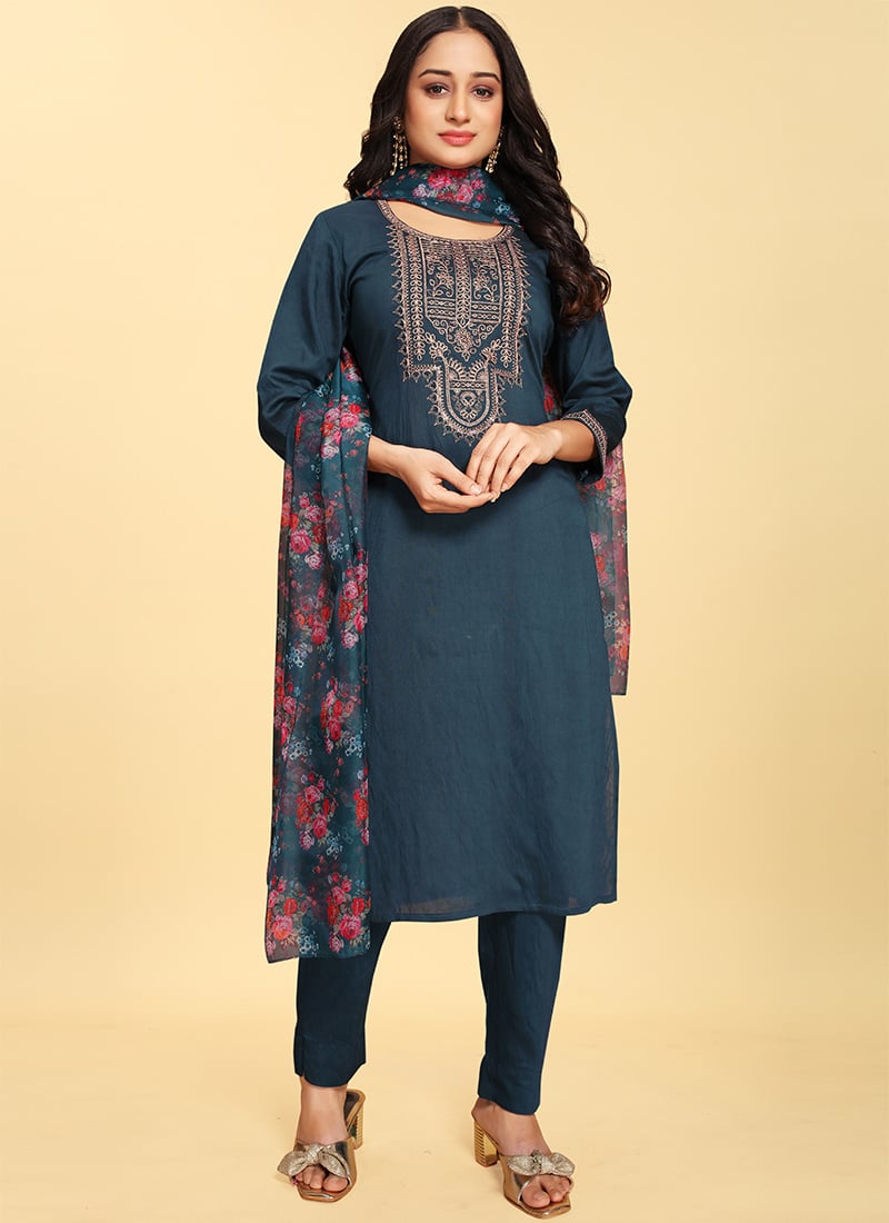 Blue Silk Straight Leg Pant Suit Embossed With Embroidery After Six Wear