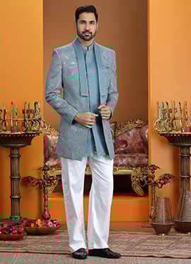 Blue Silk Thread Sequins Embroidered Indowestern Sherwani