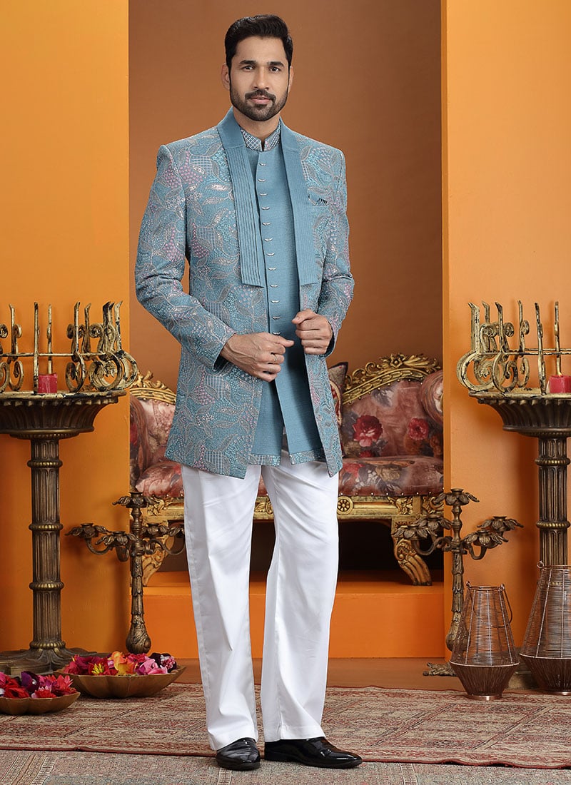 Blue Silk Thread Sequins Embroidered Indowestern Sherwani Wedding Wear