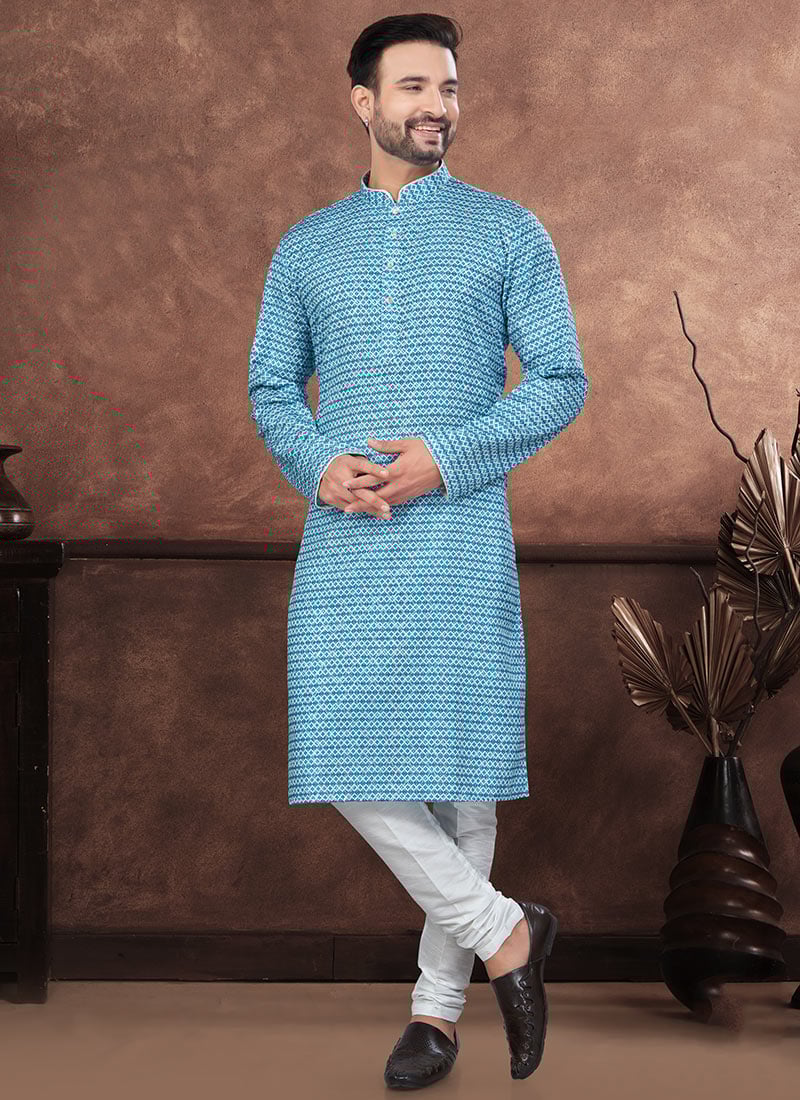 Blue Silk Thread Work Printed Kurta Pyjama Festive Wear