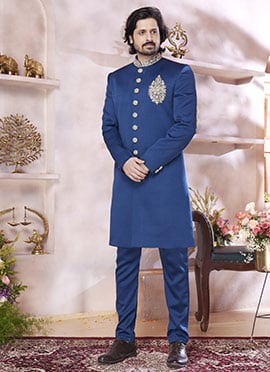 Blue Silk Zardosi Stone Work Hand Work Indowestern Sherwani