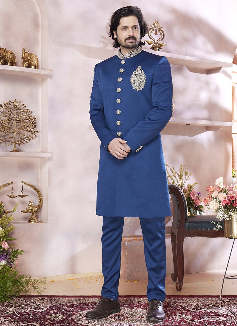 Blue Silk Zardosi Stone Work Hand Work Indowestern Sherwani Wedding Wear
