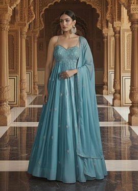 Blue Silk Zari And Sequins Hand Embroidered Anarkali Suit