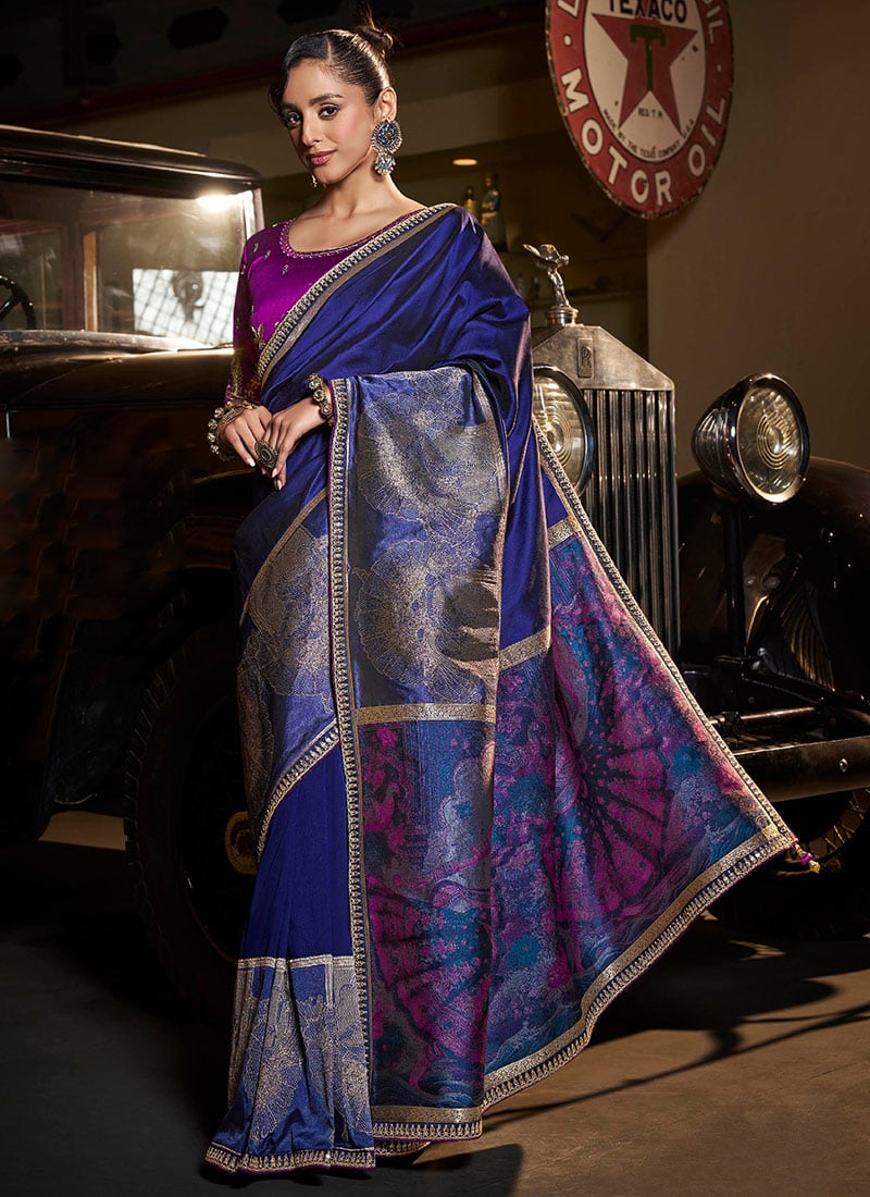 Blue Silk Zari And Thread Embroidered Sequins Saree Festive Wear