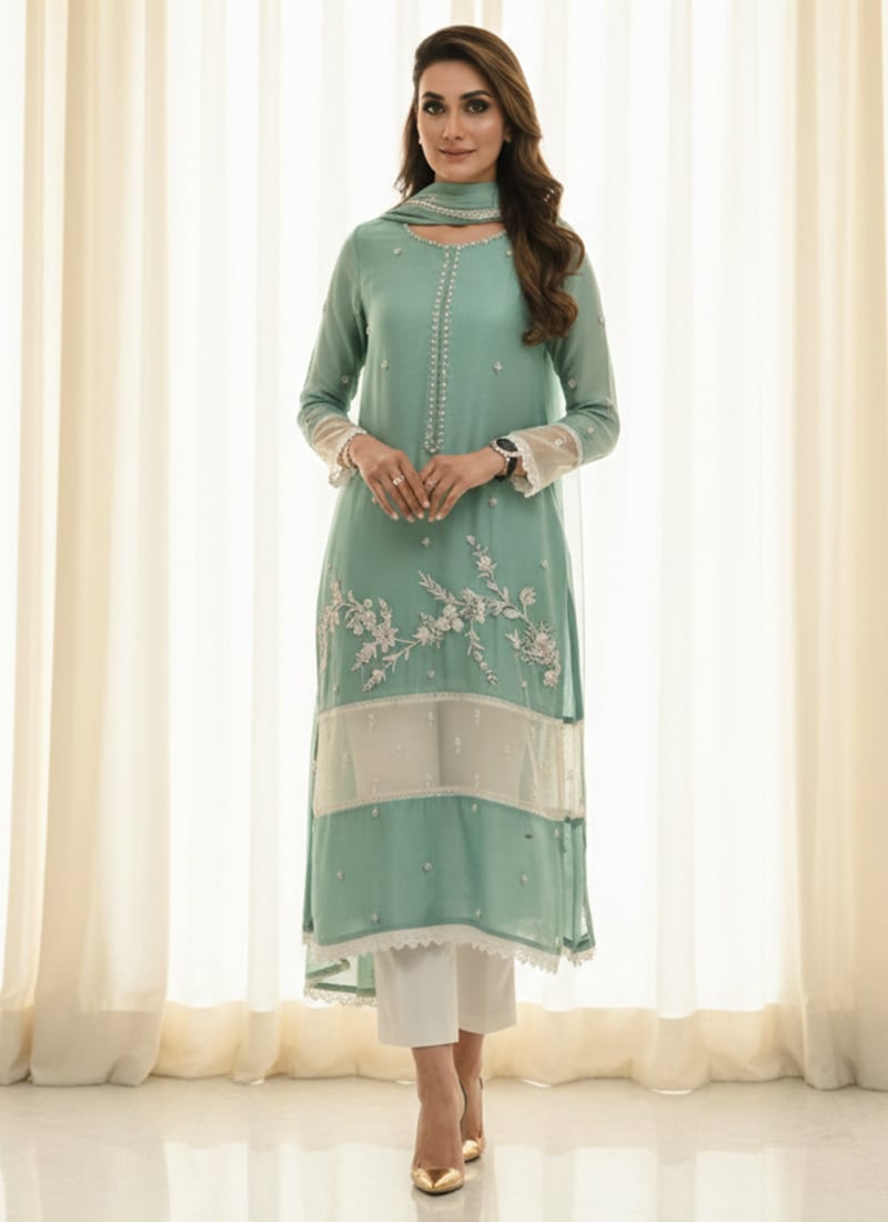 Blue Silk Zari Beads Hand Embroidered Straight Pant Suit After Six Wear