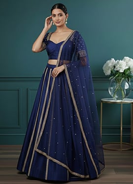 Blue Silk Zari Beads Sequins Hand Embroidered Umbrella Lehenga