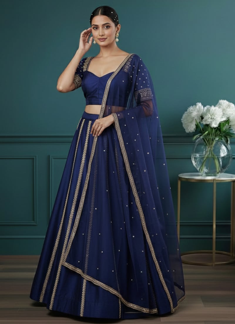 Blue Silk Zari Beads Sequins Hand Embroidered Umbrella Lehenga Wedding Wear